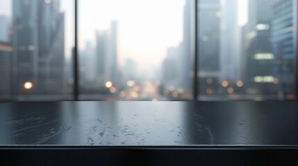 Poster - A wet, black tabletop with a blurry view of a city through a large window.