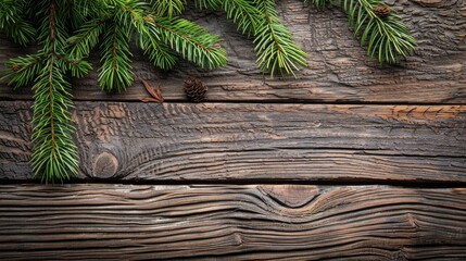 Canvas Print - View from top of aged wooden surface with green spruce branch