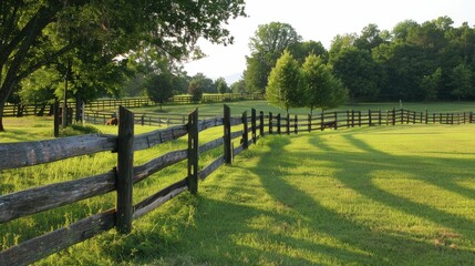 Rustic wooden fence bordering a lush, green field