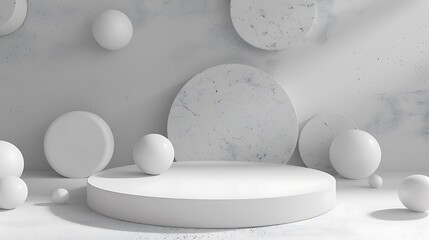 Wall Mural - A minimalist scene featuring a white platform and geometric shapes in a white setting