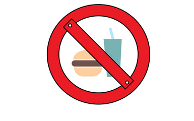 Red circle with burger and drink crossed out inside, red sticker prohibiting eating fast food on white background, entry with food and soda is prohibited