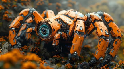 Aufkleber - A futuristic orange spider robot with a glowing blue eye walks through a field of orange flowers. The robot's metallic body is highly detailed, with intricate gears and mechanisms visible. The orang