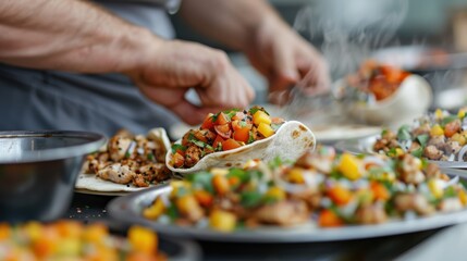 Wall Mural - A chef, seen from behind, prepares healthy wraps filled with fresh chicken and colorful vegetables, showing the art of making nutritious and delicious meals using quality ingredients.