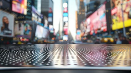 Aufkleber - A close-up view of a perforated metal surface with Times Square in the blurred background.