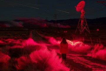 Wall Mural - Wide angle view of a woman in a red jacket walking on the road to Groom Lake, with a satellite dish and night sky visible, with some pink glowing plants in the foreground, desert landscape, red light 