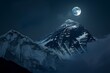 © Sourav Mittal - Moon over Mount Everest, India. Silhouette of the moon against the mountain peak at night with copy space. Minimal nature photography, dark background, wide angle.