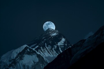 Wall Mural - Moon over Mount Everest, India. Silhouette of the moon against the mountain peak at night with copy space. Minimal nature photography, dark background, wide angle. 