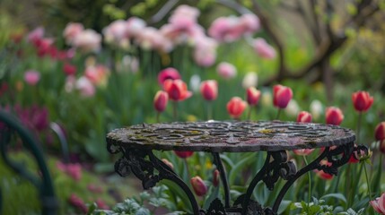 Poster - A wrought iron table sits amongst blooming tulips in a lush garden.