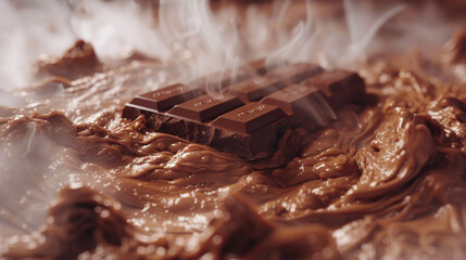 Melted Chocolate with Bar Pieces Emanating Steam and Richness