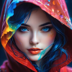 Poster - Fashion model female face with fantastic art makeup and colorful hoodie. Fashion art portrait, rich colors. cosmetics.