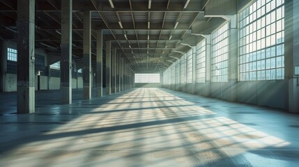 Poster - vast industrial warehouse interior bathed in ethereal light rows of towering windows casting long shadows across empty concrete floor