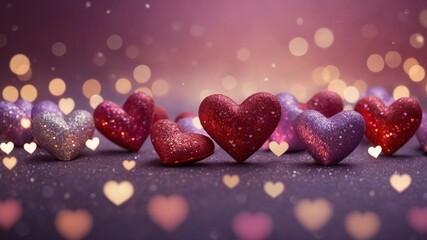 Poster - Row of glittering hearts in various shades of red, purple set against bokeh background with gradient from purple to pink. Sparkling textures on hearts create aesthetically pleasing.
