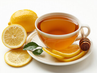 Sticker - Cup of Tea With Lemon Slices and Honey Stick on a White Background