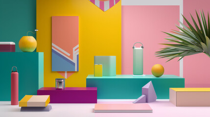 Wall Mural - A vibrant arrangement of modern decor elements in vivid colors, set against a cheerful yellow background, creating a lively interior scene.