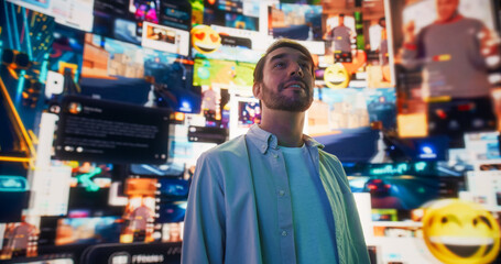 Poster - Portrait Of Caucasian Man Enjoying 3D Cyberspace With Animated Social Media Interfaces, Online Video Games, Viral Videos, Internet Content. Visualization Of Blockchain Technology Concept.