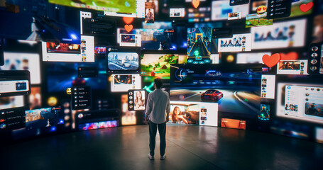 Poster - Backview Of Caucasian Man Enjoying Animated Stream Of Online Interfaces With Social Media, Fintech Services, e-Commerce Shopping, Internet Influencers And Games. Visualization Of Web Network.