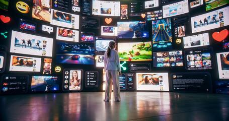 Poster - Backview Of Caucasian Woman Connecting to Cyberspace Internet Interface, Browsing Web Content, Watching Videos, Social Media. Animated Stream Of Online Entertainment With Influencers And Gaming.
