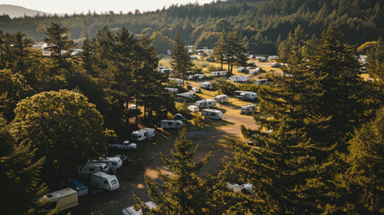 Wall Mural - An aerial view of RVs parked in a lush, green campground surrounded by dense forest in the afternoon light.