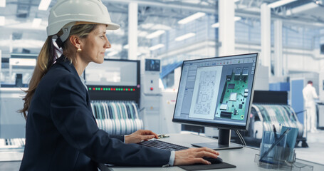 Aufkleber - Electronics Factory Office: Portrait of Caucasian Female Engineer Wearing Hardhat and Working on Desktop Computer, Developing Industrial Microchips, Semiconductor, Telecommunications Equipment.