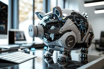 futuristic robotic piggybank with holographic screens displays financial advice on a sleek desk.