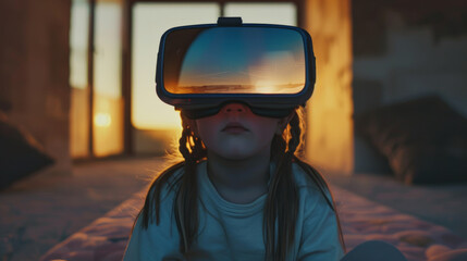 A young girl immersed in a virtual reality experience at sunset, her silhouette framed by the warm glow spilling through large window panes.