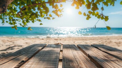 Wall Mural - wooden beach table with a sea view