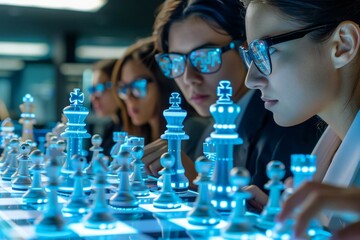 Beautiful people in eyeglasses strategizing on a holographic chess board with futuristic AI enhancements for a high-stakes corporate merger.