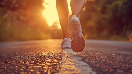 Runner feet running on road closeup on shoe