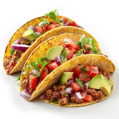 Canvas Print - three tacos with meat, tomatoes, onions, and avoca