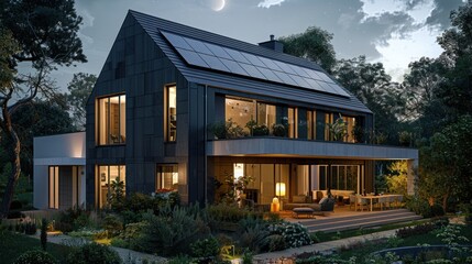 Canvas Print - Modern House with Solar Panels at Dusk