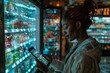 © Yuliia - Bright holographic screens project a futuristic shopping app as a beautiful African person marks their grocery list on a mobile phone in front of an open fridge filled