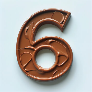 Character '6' made of chocolate, sharp outline, photography on white background