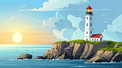 Sticker - A cartoon style image of a lighthouse on a rocky cliff, with a blue sky, seagulls, and a sun in the distance.