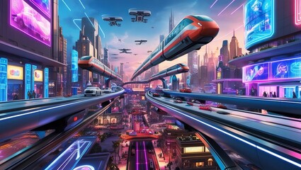 a modern world with cars flying ,neon sign board ,neon holograms ,futuristic society ai generated