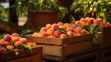 Wall Mural - A rustic fresh peaches in wooden crates, surrounded by green leaves and soft natural lighting. The scene evokes a warm, inviting atmosphere, perfect for a farmer's market or orchard setting.