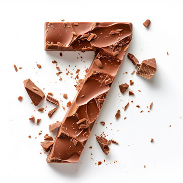 Character '7' made of chocolate, sharp outline, photography on white background