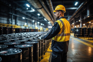 Wall Mural - Industrial worker checking barrels in a large warehouse