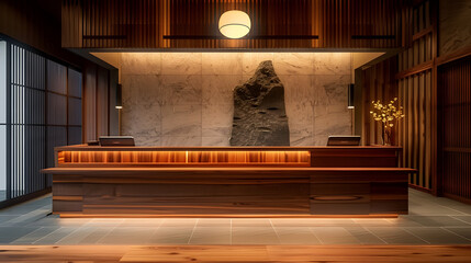 Poster - Japanese hotel design, reception desk, wood