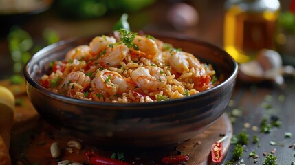 Wall Mural - a bowl of food with shrimp and vegetables in it