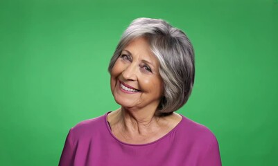 Wall Mural - Portrait of a happy senior woman on a green background with copy space