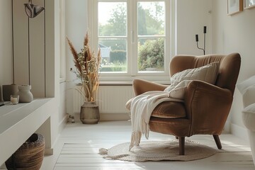 Canvas Print - Cozy living room interior with beige armchair and vase with dried flowers