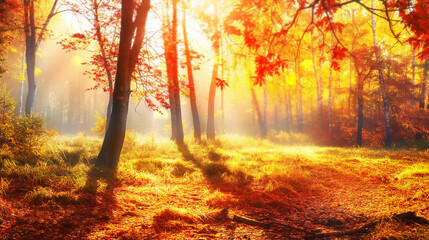 Wall Mural - sunny autumn landscape of colorful forest with autumn leaves in bright colors