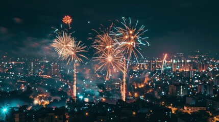 Fireworks over City at Night.