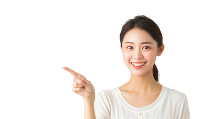 Wall Mural - Woman smiling and pointing at copy space on side of her face,isolated on white background.