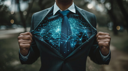 Poster - Businessman revealing digital network connections under his suit.