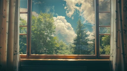 Wall Mural - The apartment window faces the forest and sky.