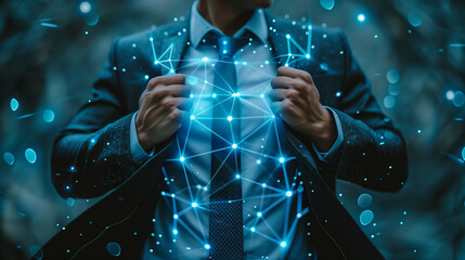 Poster - Businessman revealing digital network connections on his chest, dark background.