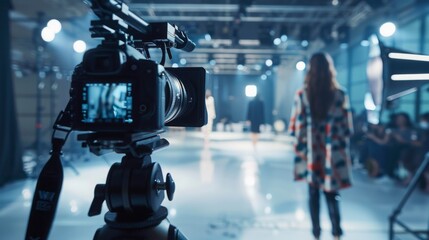 Aufkleber - A camera on a tripod is focused on a model walking down a runway.