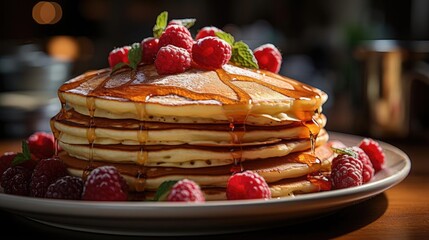 Wall Mural - Close-Up of pile of pancakes with melted sweet syrup and fruit toppings with a blurred background