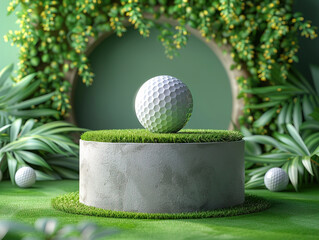 Podium background golf product sport club 3D stand course. Golf podium background sport display ball scene green fitness platform hole swing outdoor player competition